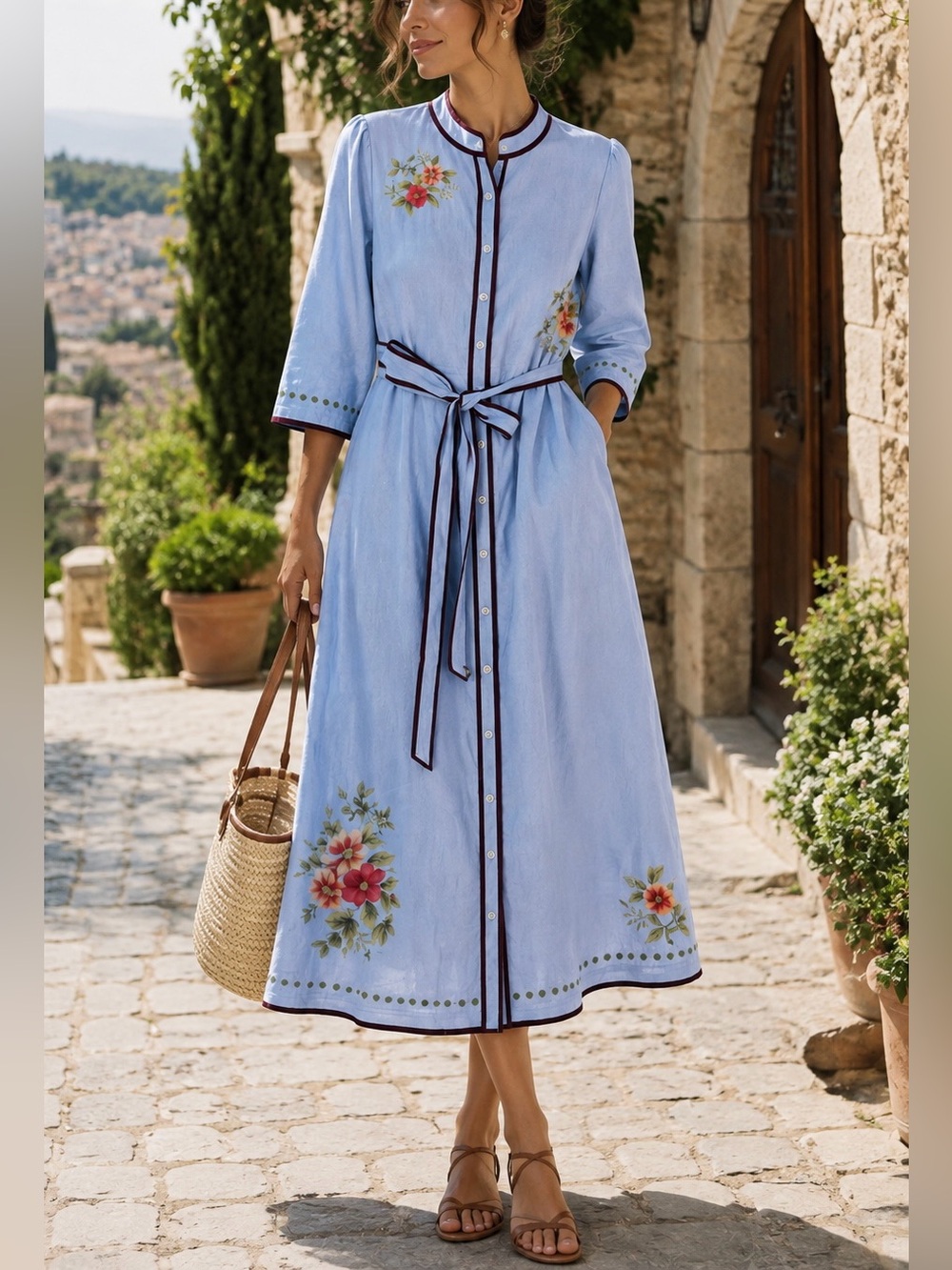 NWT Pascal 100% Linen Floral Belted Button Front Maxi Dress XS